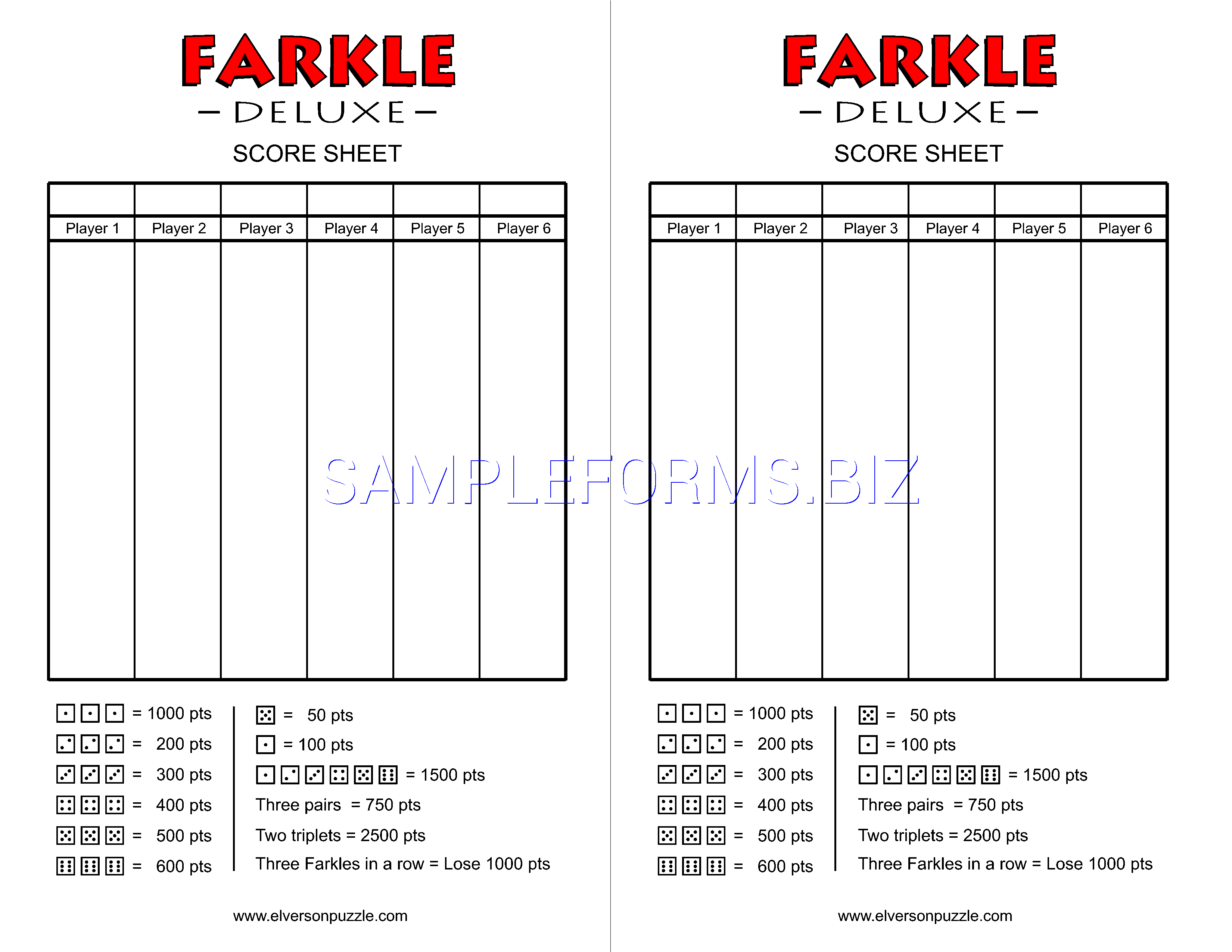 Preview free downloadable Farkle Score Cards in PDF (page 1)